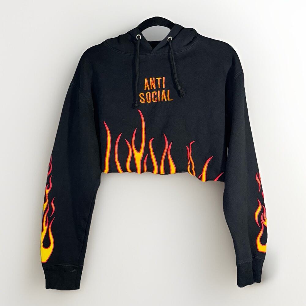 Anti Social Large Reworked Crop Hoodie Black Yellow Flames Embroidered‎ Upcycle